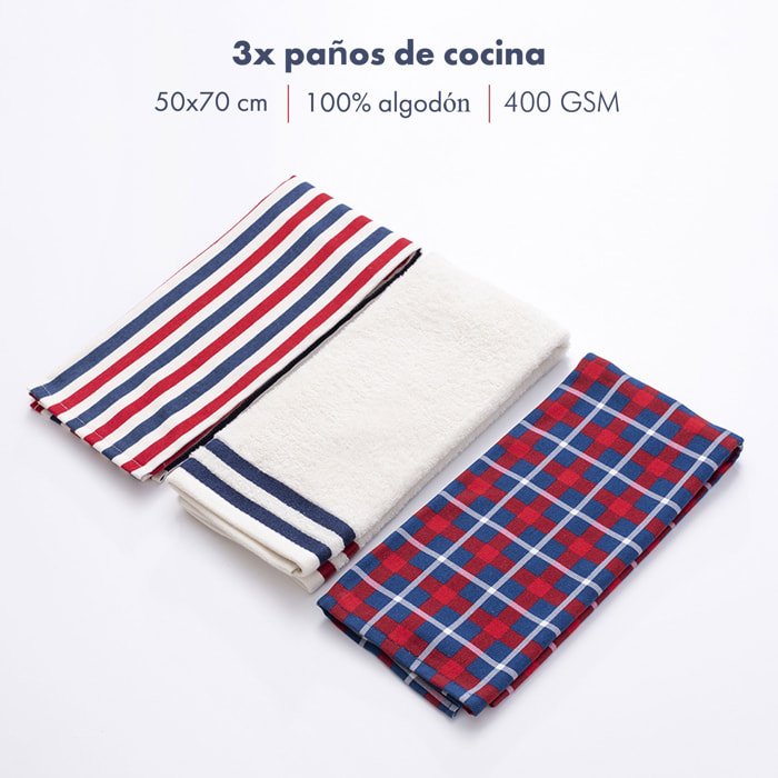 Set 3pzs paños de cocina 50x70cm 400gsm 100%algodón teñido el ganso