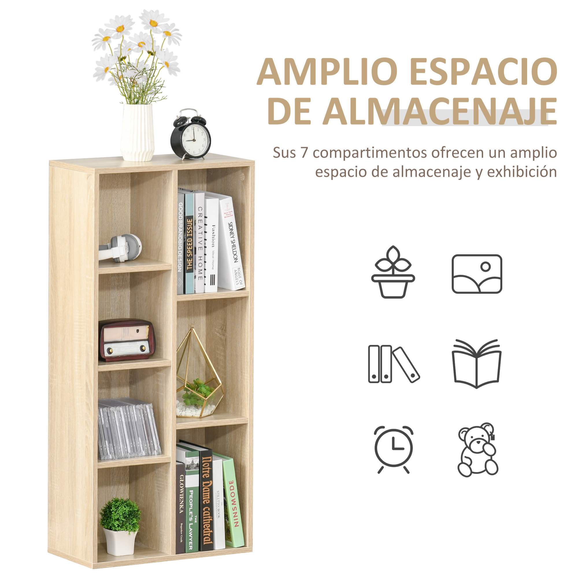 Estantería para Libros Librería de Madera con 7 Compartimentos de Almacenaje Plantas Archivos para Sala de Estar Dormitorio Oficina 50x24x106 cm Roble