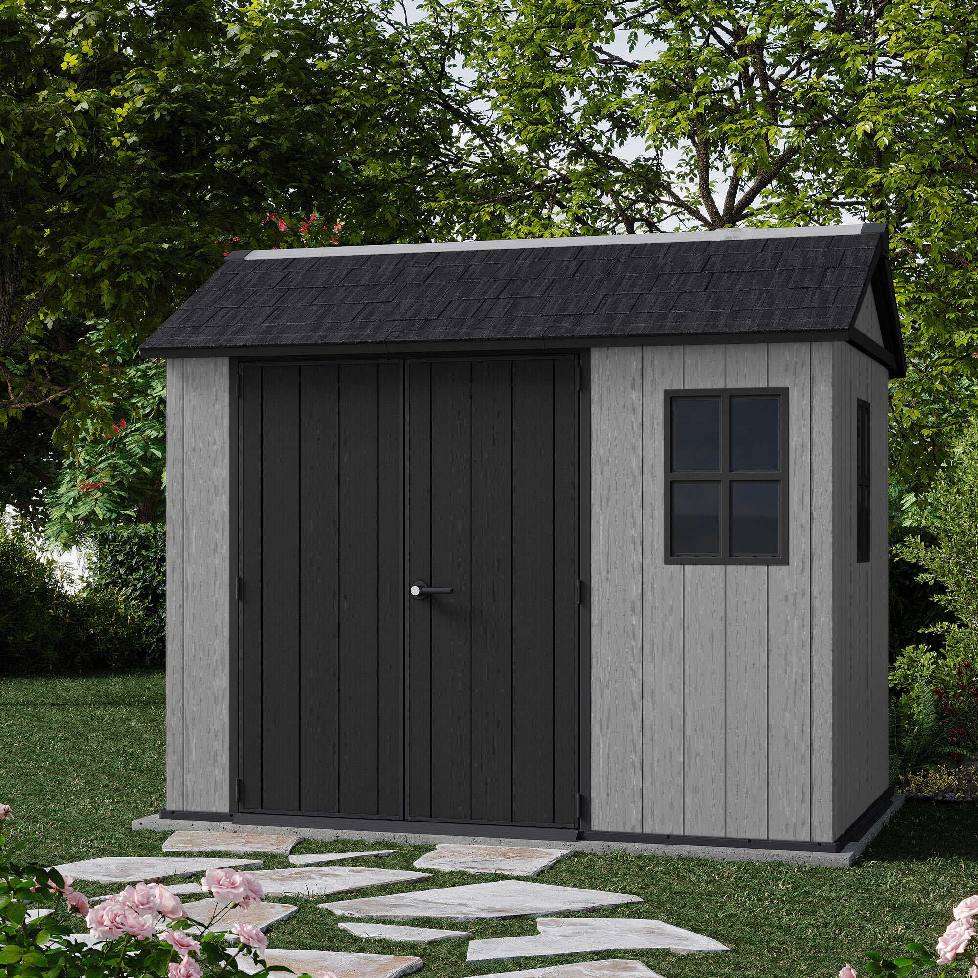 Newton + 759/975 - Casetta da Giardino 287x246x230 cm 2 Ante per deposito attrezzi finitura effetto legno Evotech+ in Resina Grigio e Nero