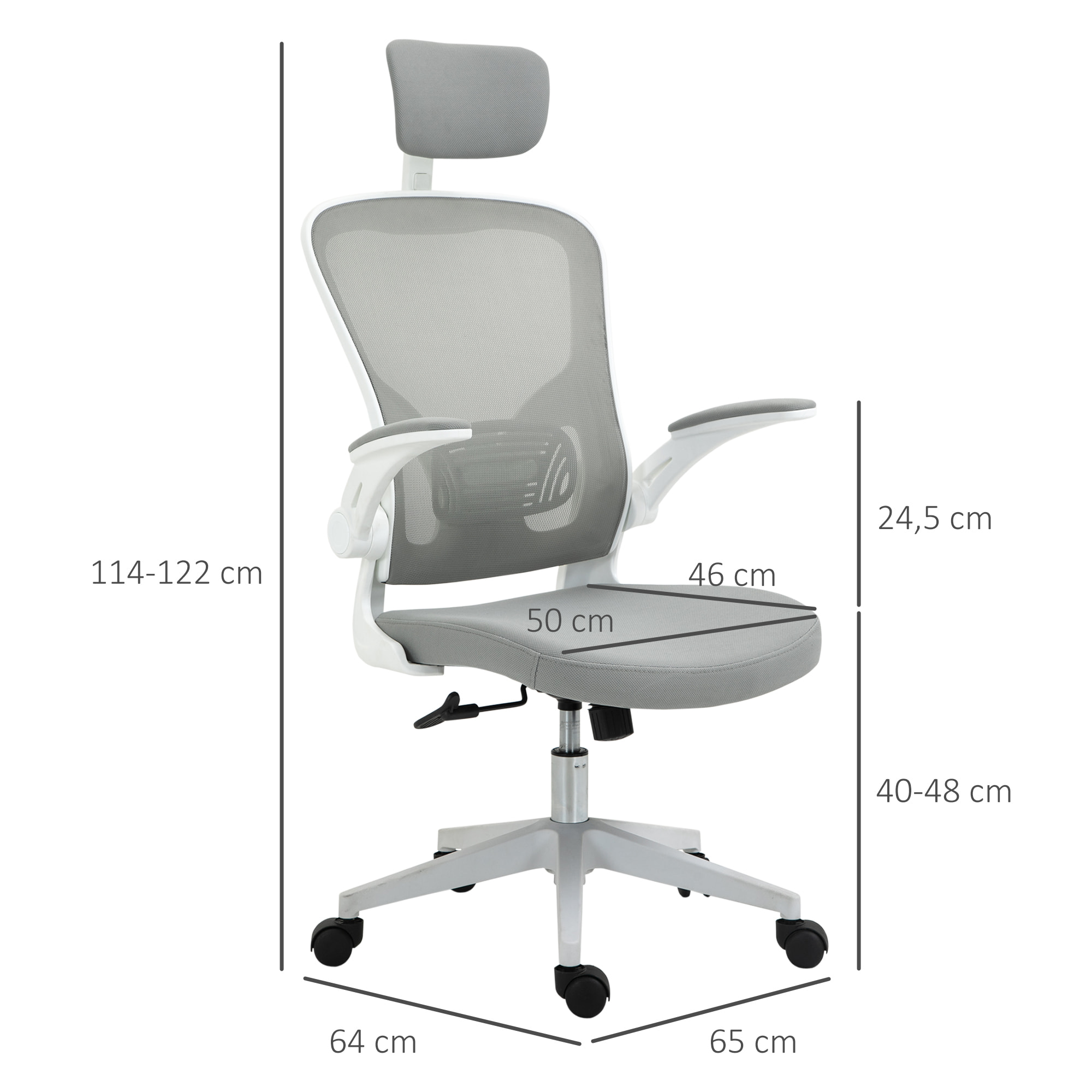 Vinsetto Silla de Oficina de Malla Ergonómica Silla Escritorio Giratoria con Altura Ajustable Reposabrazos Plegable Reposacabezas y Soporte Lumbar Regulables 65x64x114-122 cm Gris