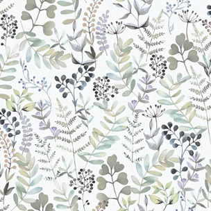 Papier peint herbier aquarelle tons bleutés fond blanc