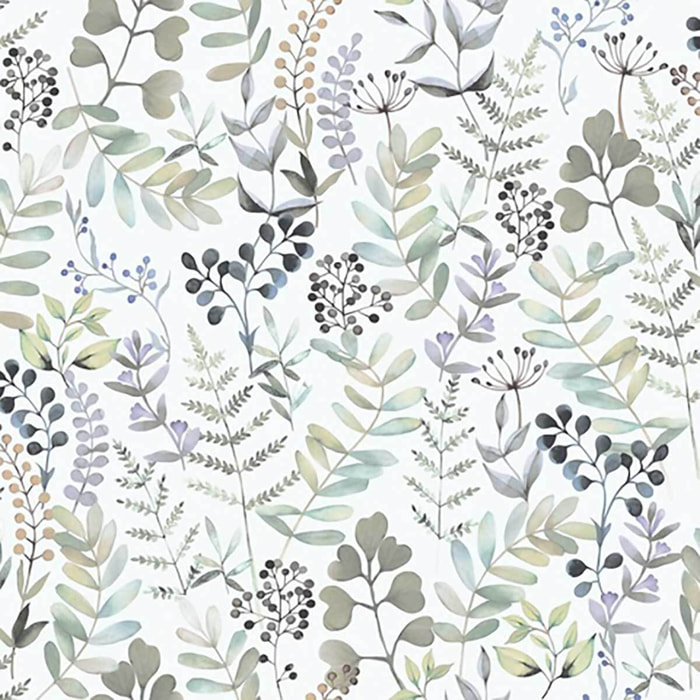 Papier peint herbier aquarelle tons bleutés fond blanc