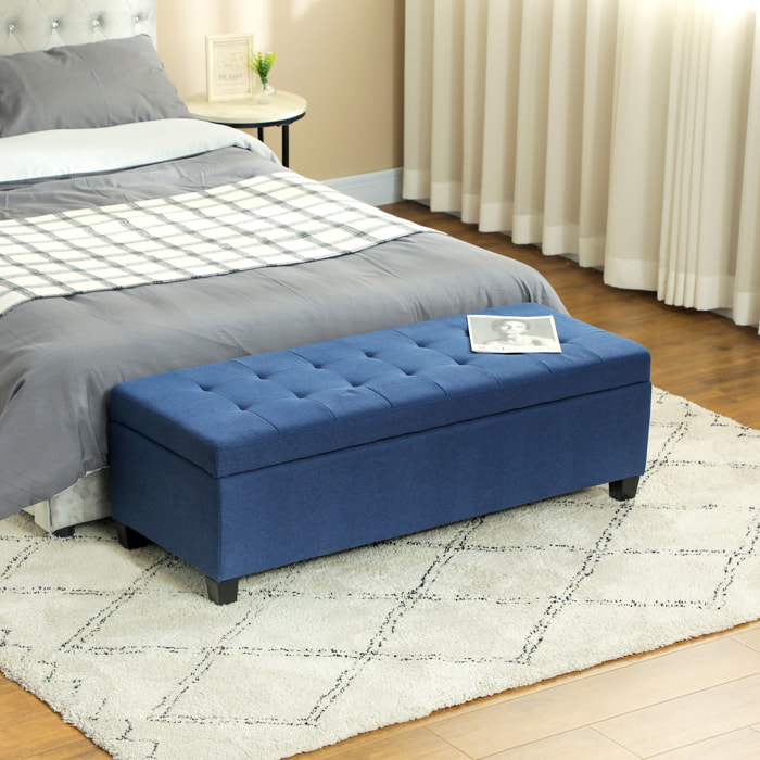 Banquette coffre style Chersterfield siège capitonné tissu pieds bois dim. 125 x 49 x 41 cm bleu