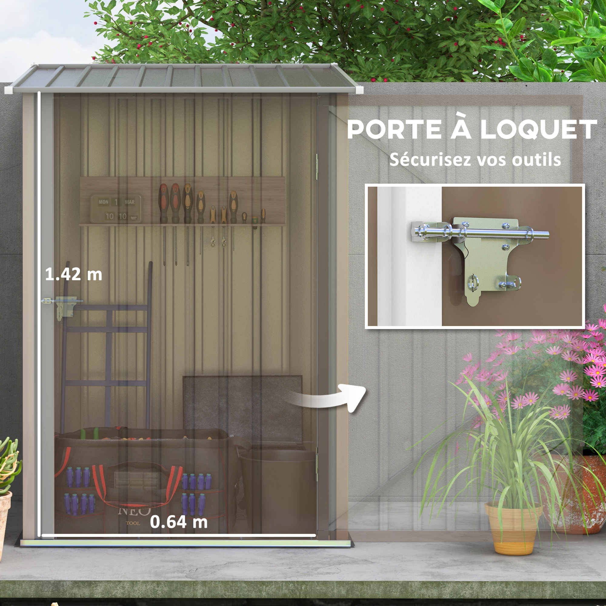 Abri de jardin - remise pour outils - cabanon porte verrouillable - dim. 1L x 1,03l x 1,6H m - tôle d'acier ondulée taupe