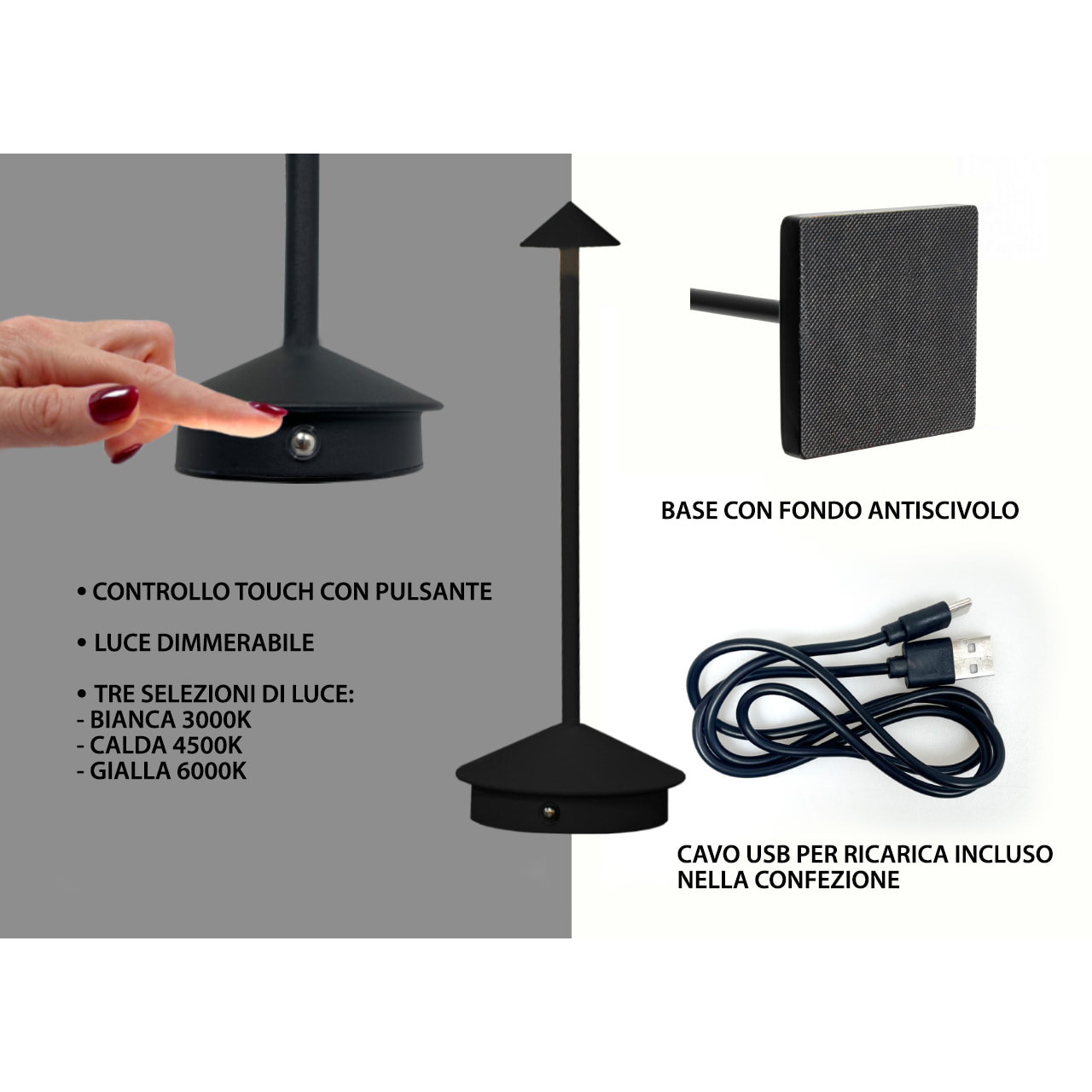 Lampada Led Da Tavolo Controllo Touch Ricaricabile Senza Fili Modello Arrow Nero