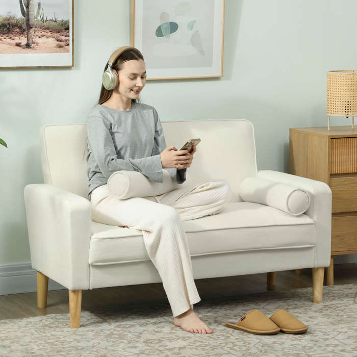 Sofá de 2 Plazas Tapizado en Terciopelo Sofá de Salón de 130 cm con Asiento Capitoné 2 Almohadas y Patas de Madera para Espacios Pequeños Dormitorio Sala de Estar Oficina Crema