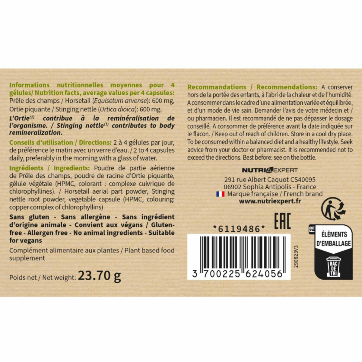 NUTRI EXPERT - Prêle & Ortie - Facilite l'élimination des toxines - Contribue au bon fonctionnement de l'organisme - Vegan - Marque Française - Extraits de plante - Lot de 3 piluliers