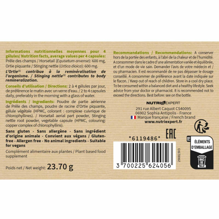 NUTRI EXPERT - Prêle & Ortie - Facilite l'élimination des toxines - Contribue au bon fonctionnement de l'organisme - Vegan - Marque Française - Extraits de plante - Lot de 3 piluliers