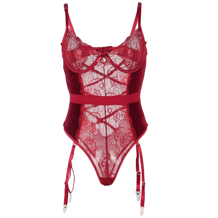 Body con ligueros rojo de encaje con aros