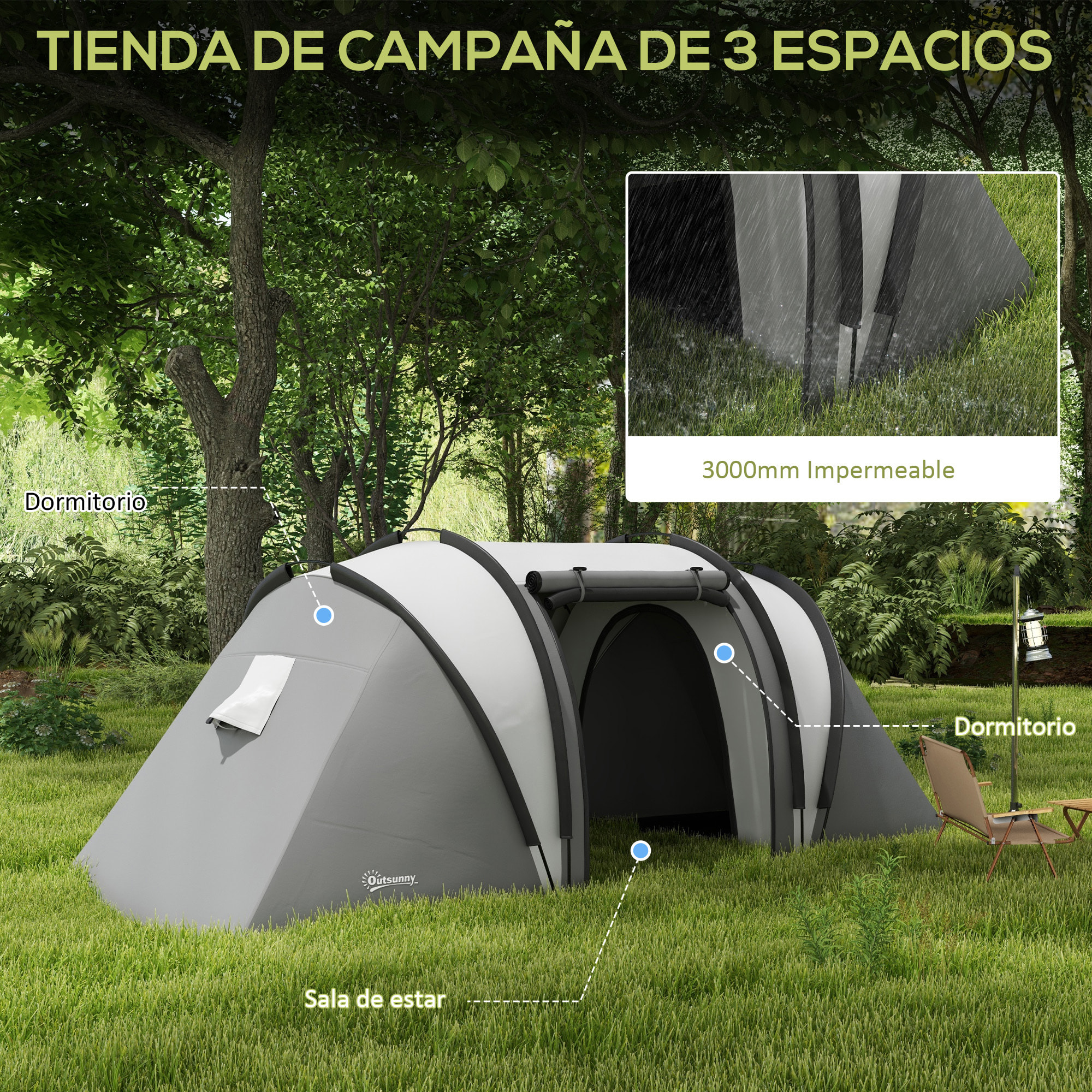 Tienda de Campaña Familiar para 4-5 Personas Tienda de Acampada de Túnel Impermeable 3000 mm con 2 Dormitorios Bolsa de Transporte y Gancho para Pescar Senderismo Gris