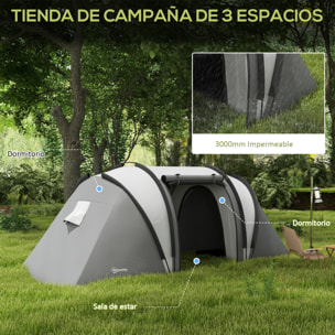 Tienda de Campaña Familiar para 4-5 Personas Tienda de Acampada de Túnel Impermeable 3000 mm con 2 Dormitorios Bolsa de Transporte y Gancho para Pescar Senderismo Gris