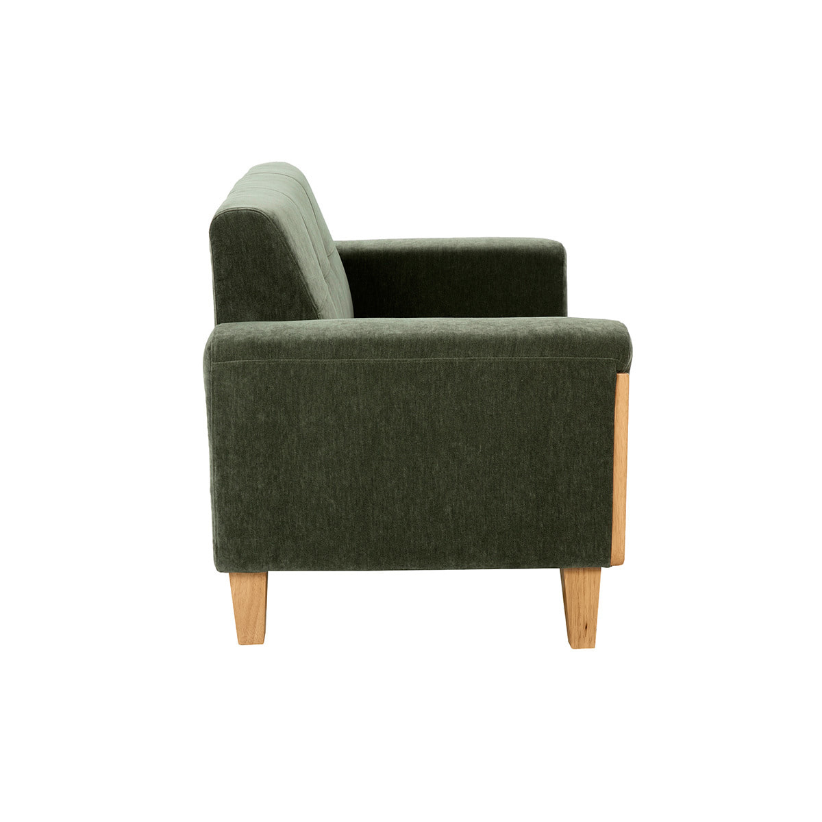Canapé scandinave 2 places en tissu effet velours vert kaki et bois clair FJORD