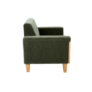 Canapé scandinave 2 places en tissu effet velours vert kaki et bois clair FJORD