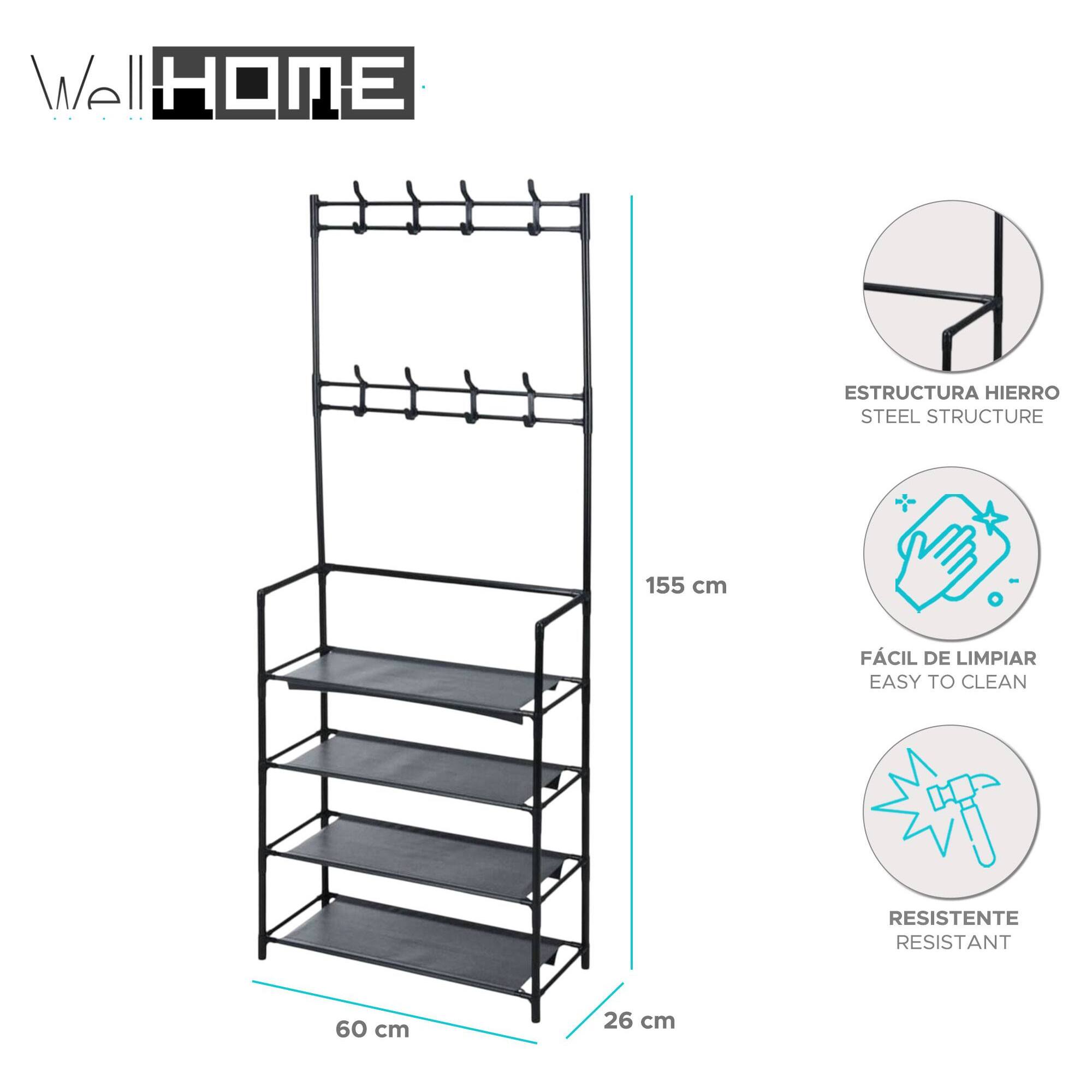 Perchero con estructura de hierro acabado negro, con 4 estantes de organización H.155cm