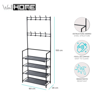 Perchero con estructura de hierro acabado negro, con 4 estantes de organización H.155cm