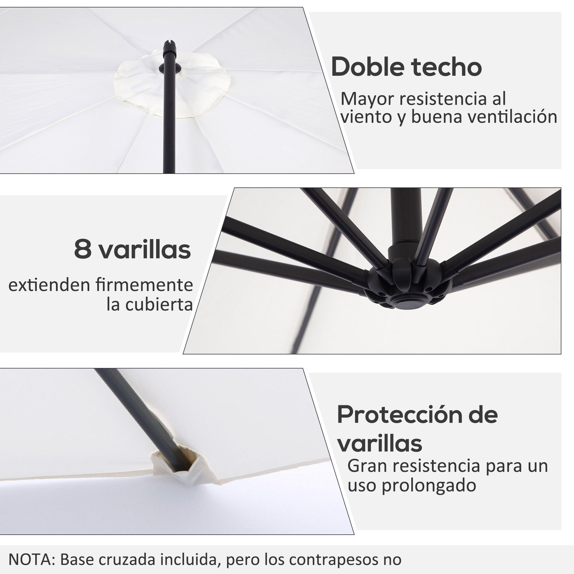 Sombrilla de Jardín Ø300x250 cm Parasol Excéntrico Inclinable con Manivela Crema