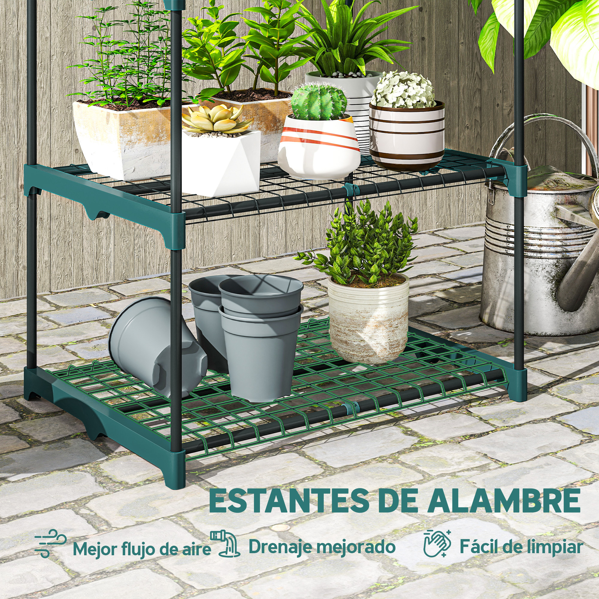Soporte para Plantas de 5 Niveles, Estantería para Plantas de Acero, Estantes de Rejilla, Soporte para Macetas, Interior y Exterior, 67x49x138 cm, Verde Oscuro