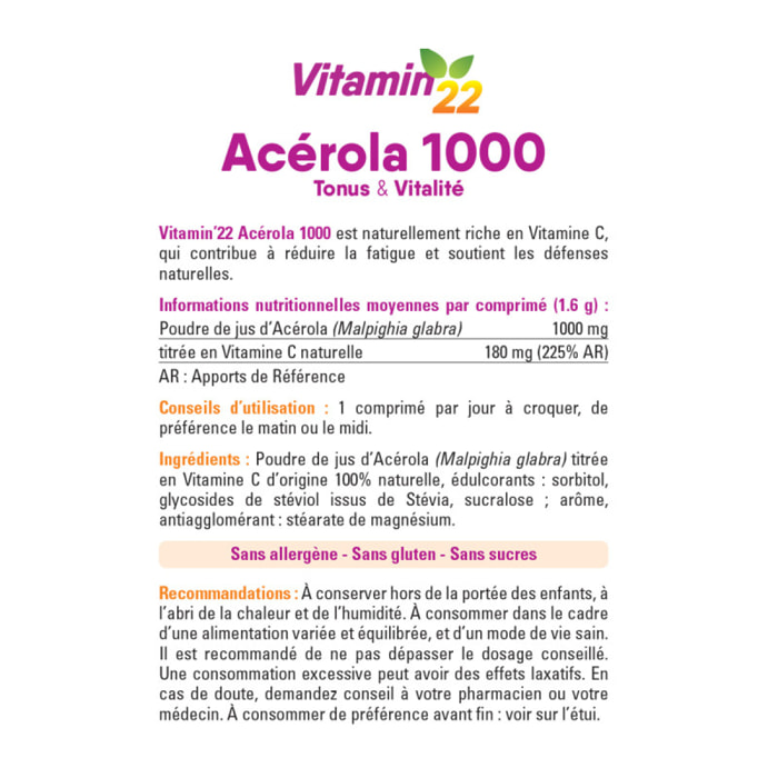 VITAMIN 22 - Acerola 1000 - Complément alimentaire à base d'Acérola- Vitamine C 100% d'origine naturelle - Sans sucre - Sans gluten - Goût Cerise - Cure de 24 j - Lot de 3 produits