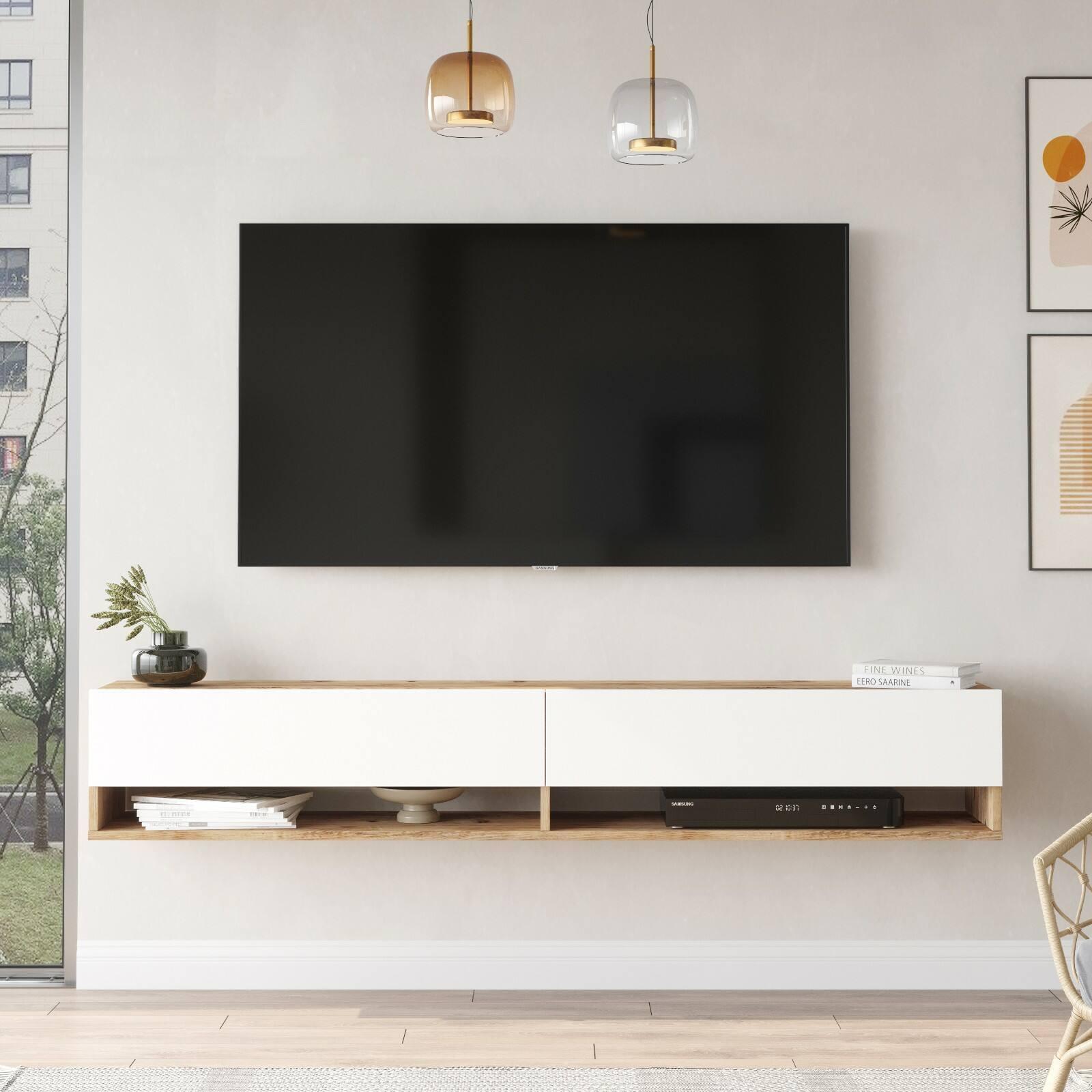 Mobile porta TV Dkechrid, Credenza da soggiorno, Armadio basso per TV, Base parete attrezzata, 180x32h29 cm, Quercia e Bianco