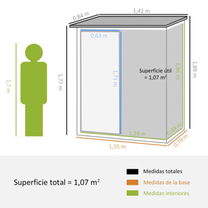 Cobertizo de Acero 1,07㎡ 142x84x189 cm Tipo Caseta de Jardín Galvanizado Almacén para Herramientas con Techo Inclinado y Una Puerta para Terraza Exterior Verde Claro