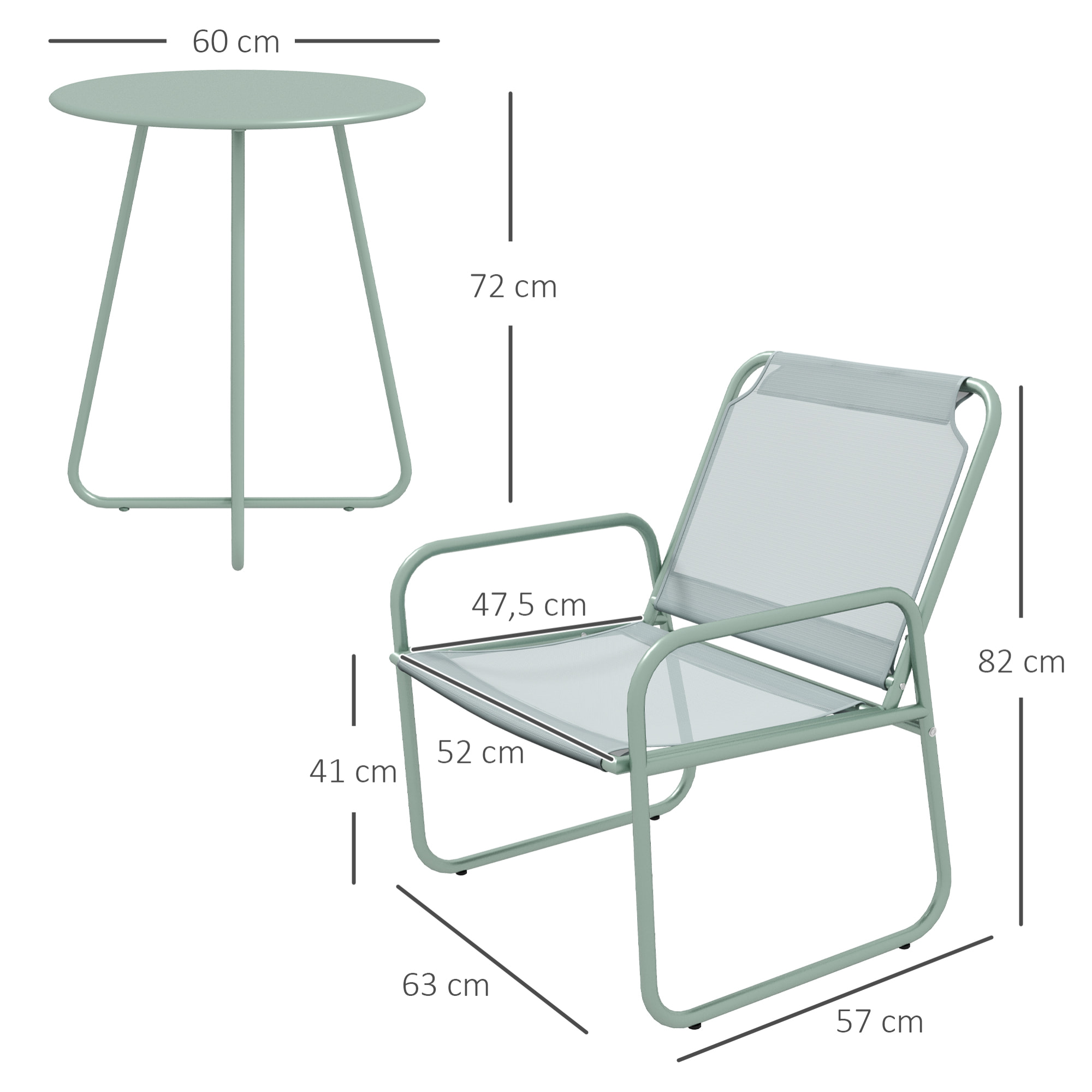 Conjunto de Muebles de Jardín Juego de 1 Mesa Redonda y 2 Sillas de Terraza con Marco de Acero Reposabrazos y Almohadillas Ajustables para los Pies para Balcón Patio Verde
