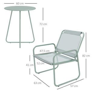 Conjunto de Muebles de Jardín Juego de 1 Mesa Redonda y 2 Sillas de Terraza con Marco de Acero Reposabrazos y Almohadillas Ajustables para los Pies para Balcón Patio Verde