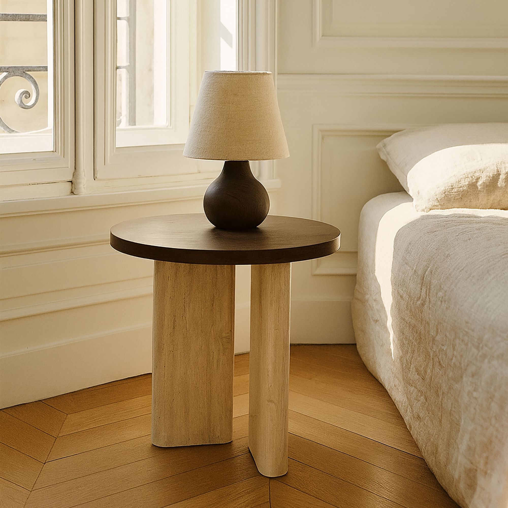 Table d'appoint ronde avec plateau foncé et pied effet travertin 40cm AMBER