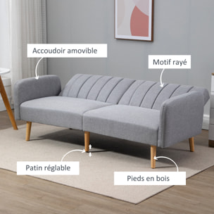 Canapé convertible 2 places design scandinave dossier inclinable 3 positions pieds bois tissu aspect lin gris