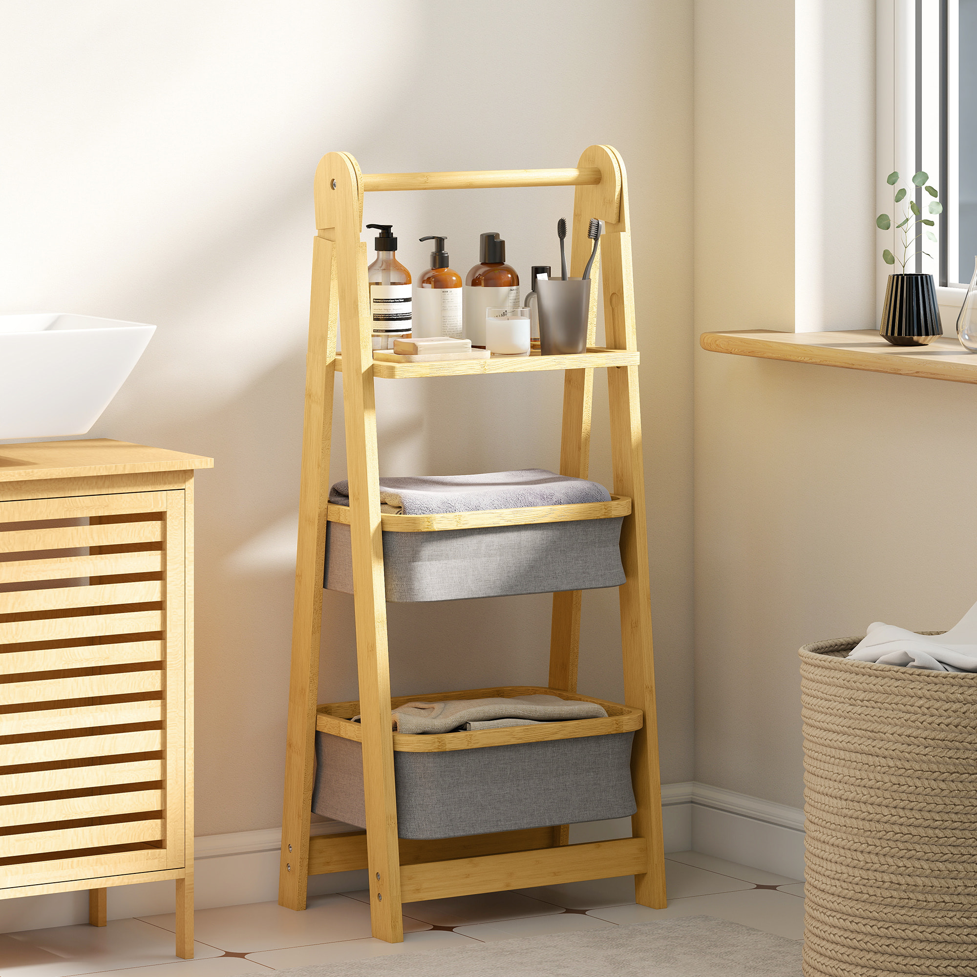 Estantería para Baño Plegable de Bambú, Estante de Baño con 2 Cestos para Ropa Sucia, Estante Abierto, para Dormitorio, Lavadero, Gris