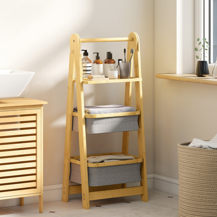 Estantería para Baño Plegable de Bambú, Estante de Baño con 2 Cestos para Ropa Sucia, Estante Abierto, para Dormitorio, Lavadero, Gris
