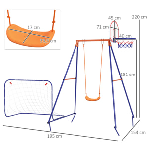 Columpio Infantil 3 en 1 Columpio para Niños de 3-8 Años con Canasta y Portería de Fútbol Desmontable Marco de Acero Carga 45 kg para Exterior Multicolor