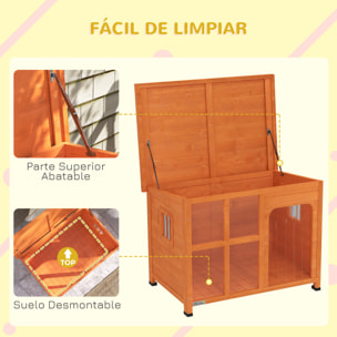 PawHut Caseta para Perros Exterior Casa para Perros Pequeños y Medianos con Techo Asfáltico Abatible Puerta con Cortina Panel Frontal Transparente y Base Extraíble 90x62x71 cm Natural
