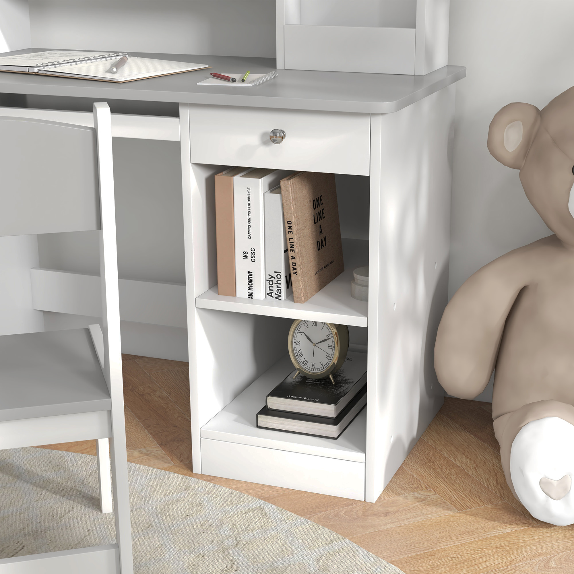 Bureau enfant multi-rangement - ensemble bureau, chaise, étagère - tiroir, plateau coulissant, 2 niches, 2 étagères, 2 présentoirs livres - gris