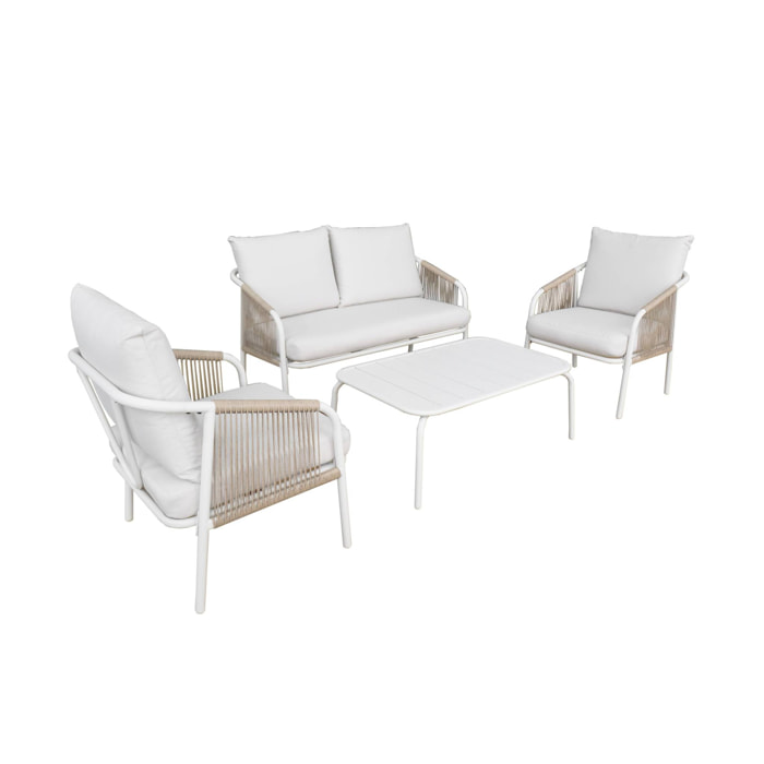 Salon de jardin FIORA en acier. 4 personnes. blanc et beige