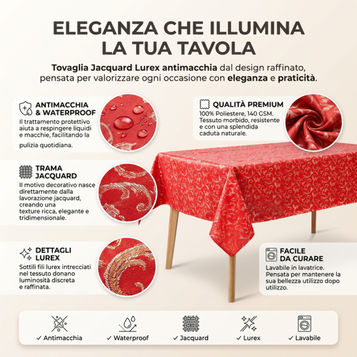 Tovaglia jacquard lurex in poliestere - ROSSO/ORO