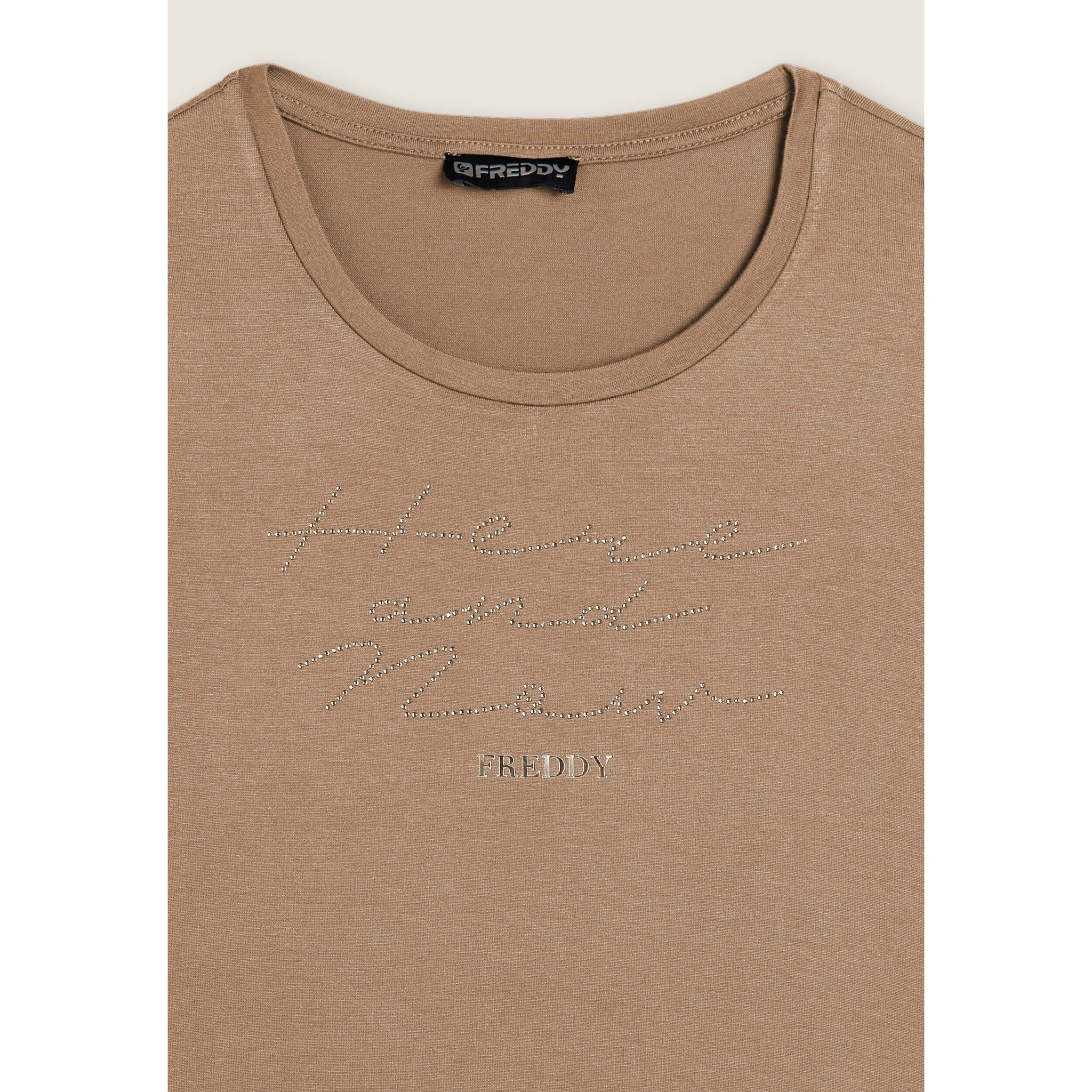 T-shirt donna manica lunga con scritta e strass