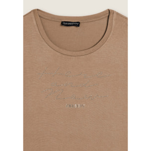 T-shirt donna manica lunga con scritta e strass