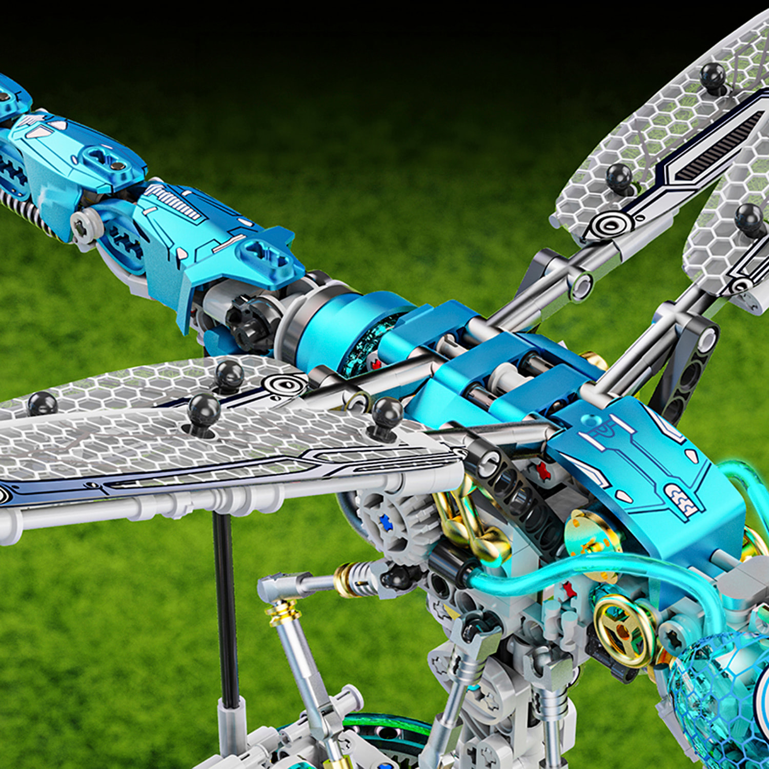 Maqueta 3D mecanizada de libélula con 866 piezas, equipada con luces y mecanismo de manivela que permite movimiento dinámico.