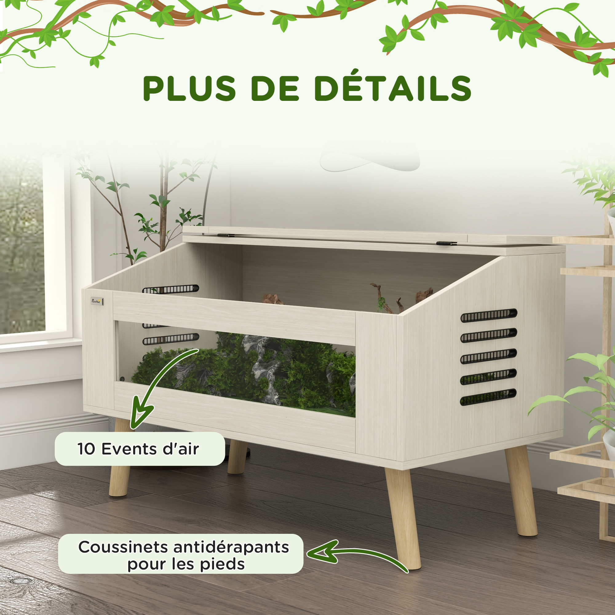 Terrarium vivarium 140L - aération latérale, fenêtres verre trempé, couvercle - bois naturel