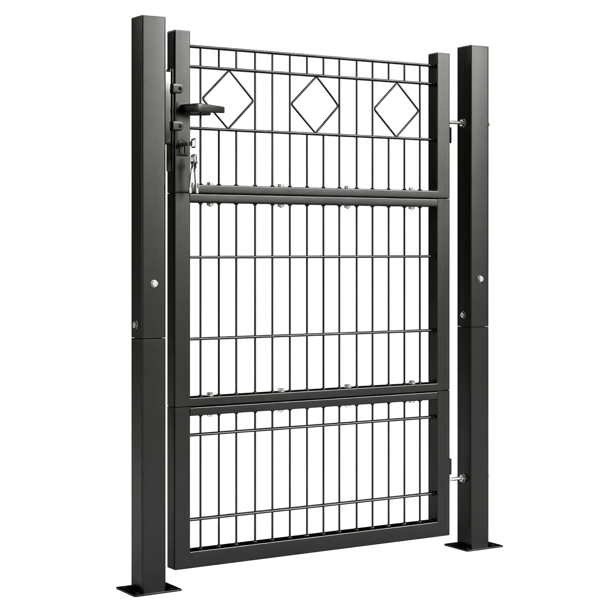 Puerta de Jardín 100x131 cm, Puerta para Valla de Barra de Metal Galvanizado con Manilla, Cerradura, 3 Llaves y 2 Postes, para Entrada de Exterior, Terraza, Patio, Gris Oscuro