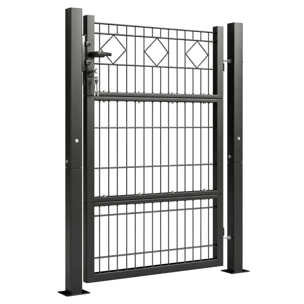 Puerta de Jardín 100x131 cm, Puerta para Valla de Barra de Metal Galvanizado con Manilla, Cerradura, 3 Llaves y 2 Postes, para Entrada de Exterior, Terraza, Patio, Gris Oscuro