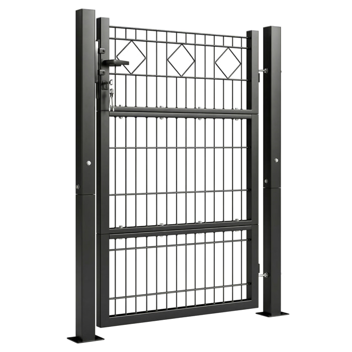 Puerta de Jardín 100x131 cm, Puerta para Valla de Barra de Metal Galvanizado con Manilla, Cerradura, 3 Llaves y 2 Postes, para Entrada de Exterior, Terraza, Patio, Gris Oscuro