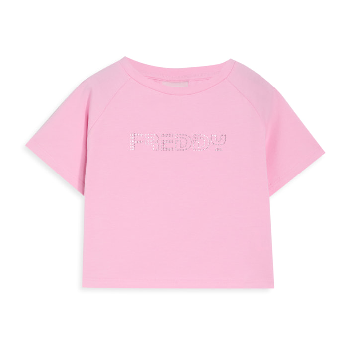 T-shirt Bambina Cropped con Logo FREDDY in Strass