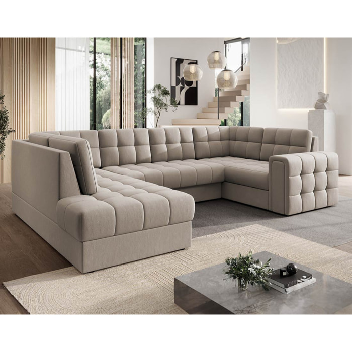 Nappa - Canapé panoramique d'angle droit 7 places convertible avec coffre en velours - Beige