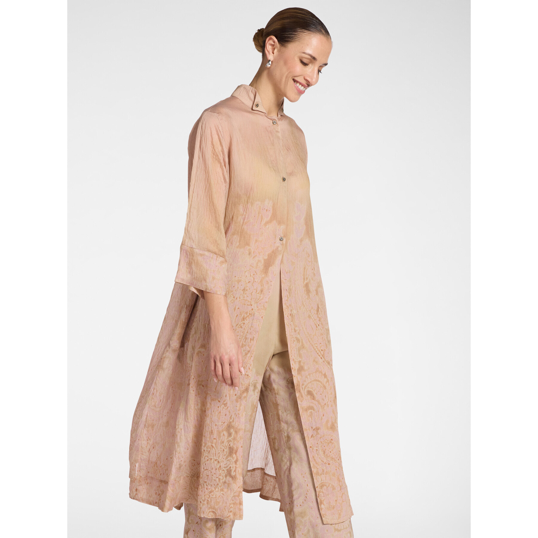 Elena Mirò - Camicia lunga in organza stampata - Beige