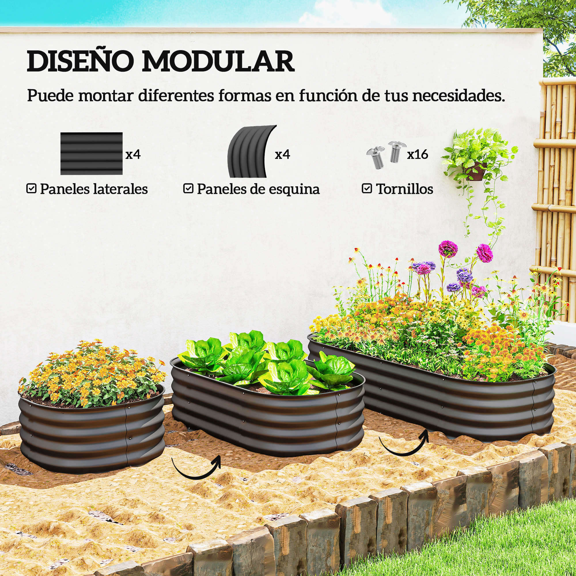 Jardinera Exterior Grande de Acero Galvanizado, Huerto Urbano para Cultivar Plantas, Macetero Exterior con Bordes de Seguridad, Fácil Montaje, Resistente a la Intemperie, 150x62x30 cm, Gris