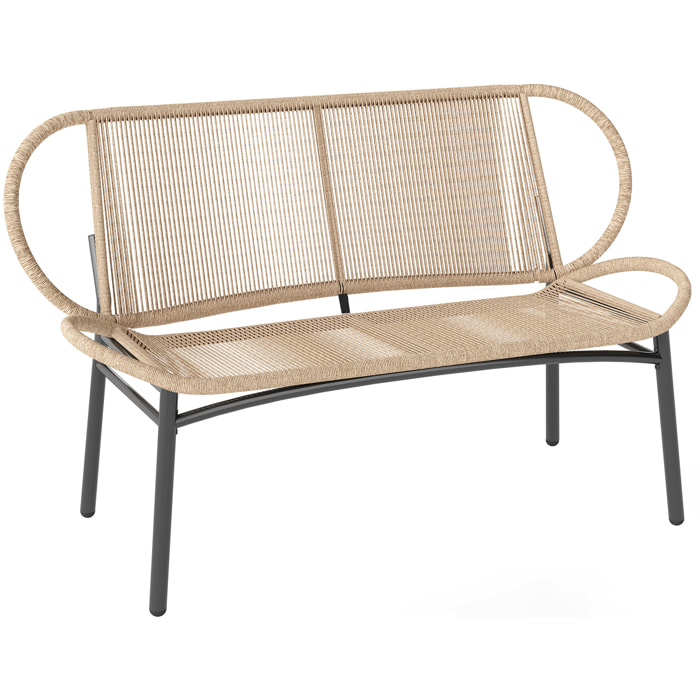 Banc de jardin 2 places design résine filaire effet rotin naturel métal noir