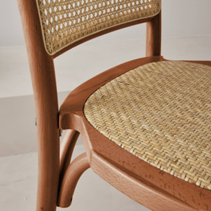 Lot de deux chaises naturelles vintage en bois effet noyer avec assise et dossier en rotin