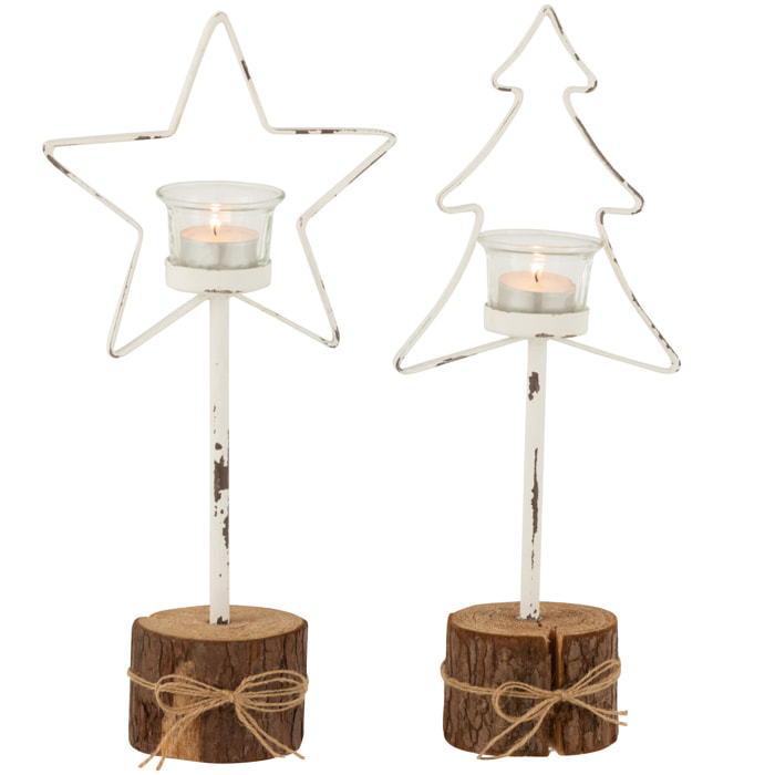 J-Line Photophore Sur Tronc D'arbre Arbre/Etoile Bois/Verre Blanc/Marron Assortiment De 2