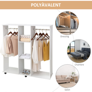 Armoire penderie meuble de rangement mobile 6 roulettes 120L x 40l x 128H cm panneaux de particules aspect bois blanc